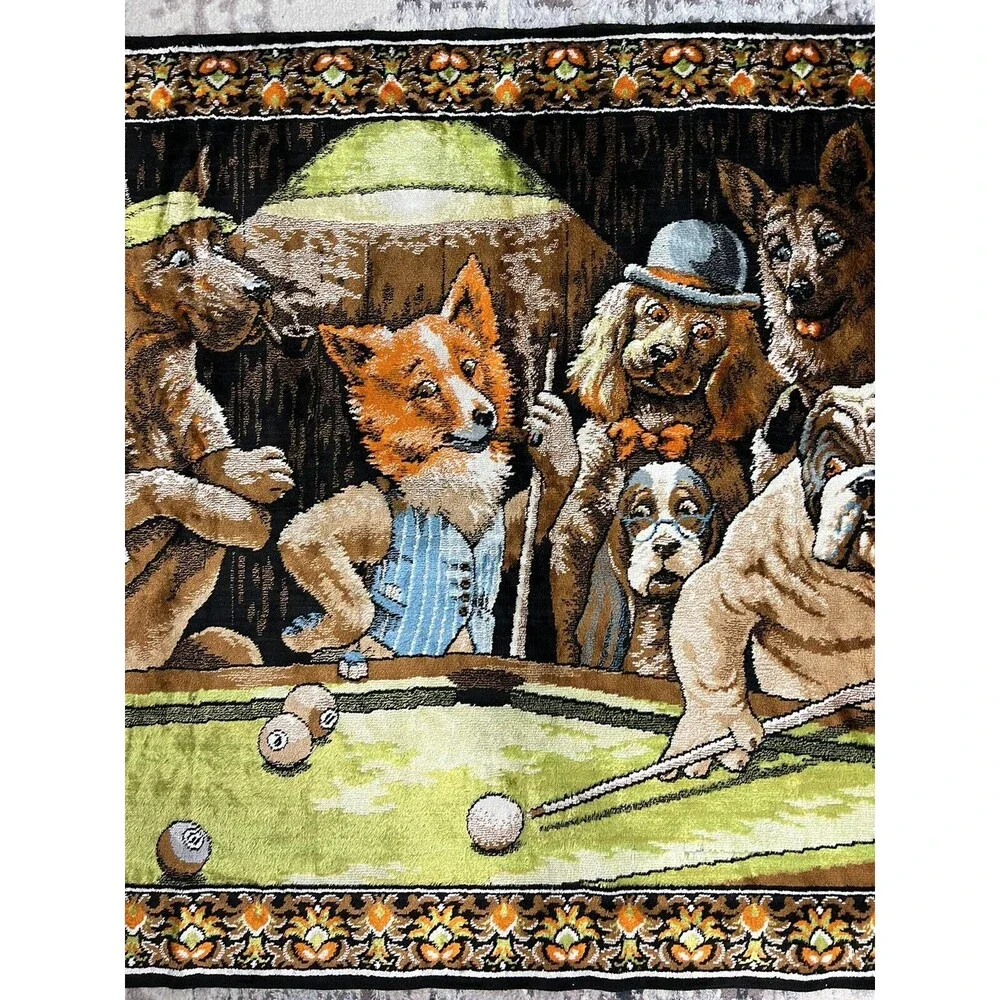 Vtg P&C Wall Tapestry Dog Pool Billiard Man Cave Made In Italy Bar Decor 38x56
